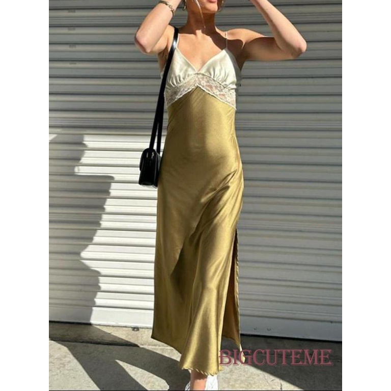 Đầm Dài Không Tay Cổ Chữ V Phối Ren Hở Lưng Thời Trang Mùa Hè Cho Nữ