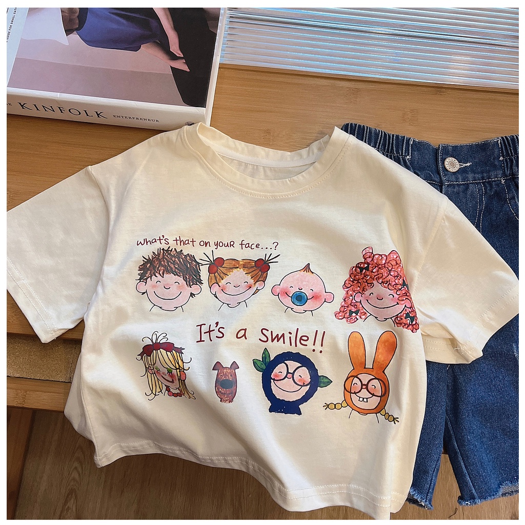 Áo Thun cotton Tay Ngắn Dáng Rộng In Họa Tiết Hoạt Hình Dễ Thương Cho Bé Gái