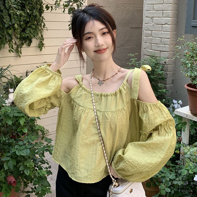 IELGY   Áo Kiểu Tay Phồng Hở Vai Dáng Ôm Thời Trang Dành Cho Nữ