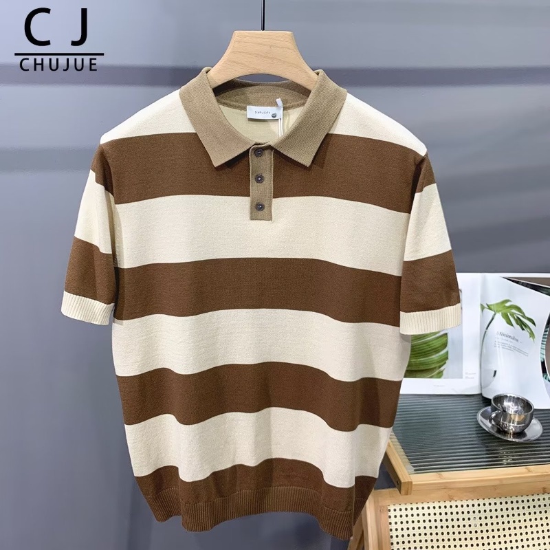 Áo Thun polo Dệt Kim Tay Ngắn Dáng Rộng Họa Tiết Kẻ Sọc Thời Trang Mùa Hè Cho Nam