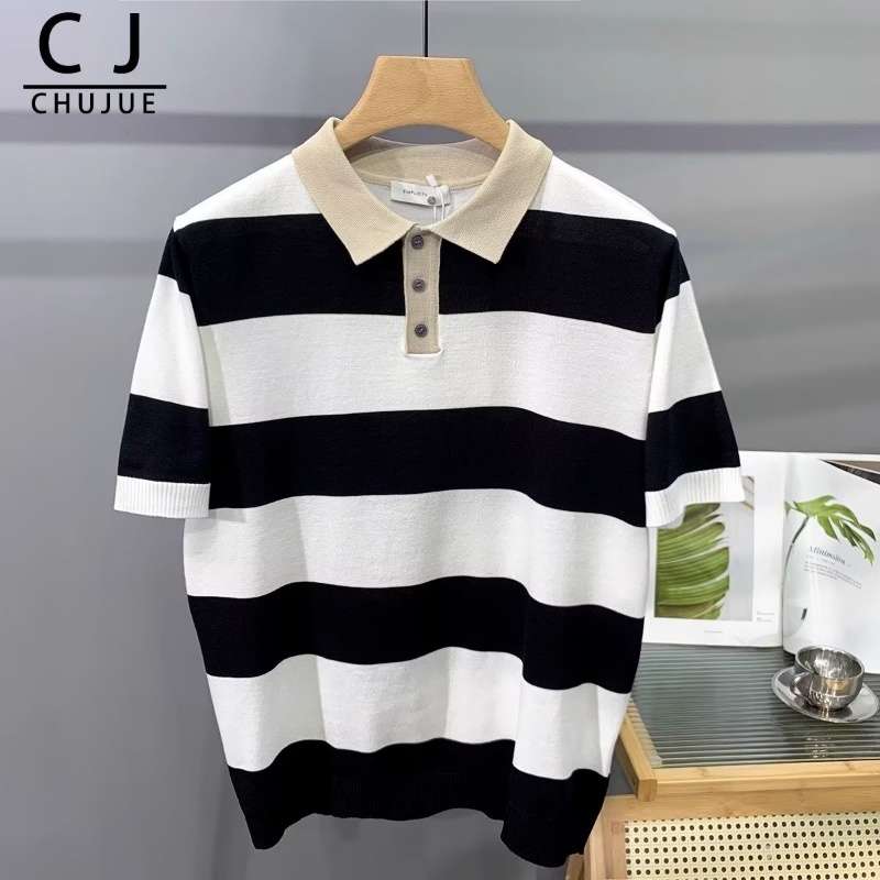 Áo Thun polo Dệt Kim Tay Ngắn Dáng Rộng Họa Tiết Kẻ Sọc Thời Trang Mùa Hè Cho Nam