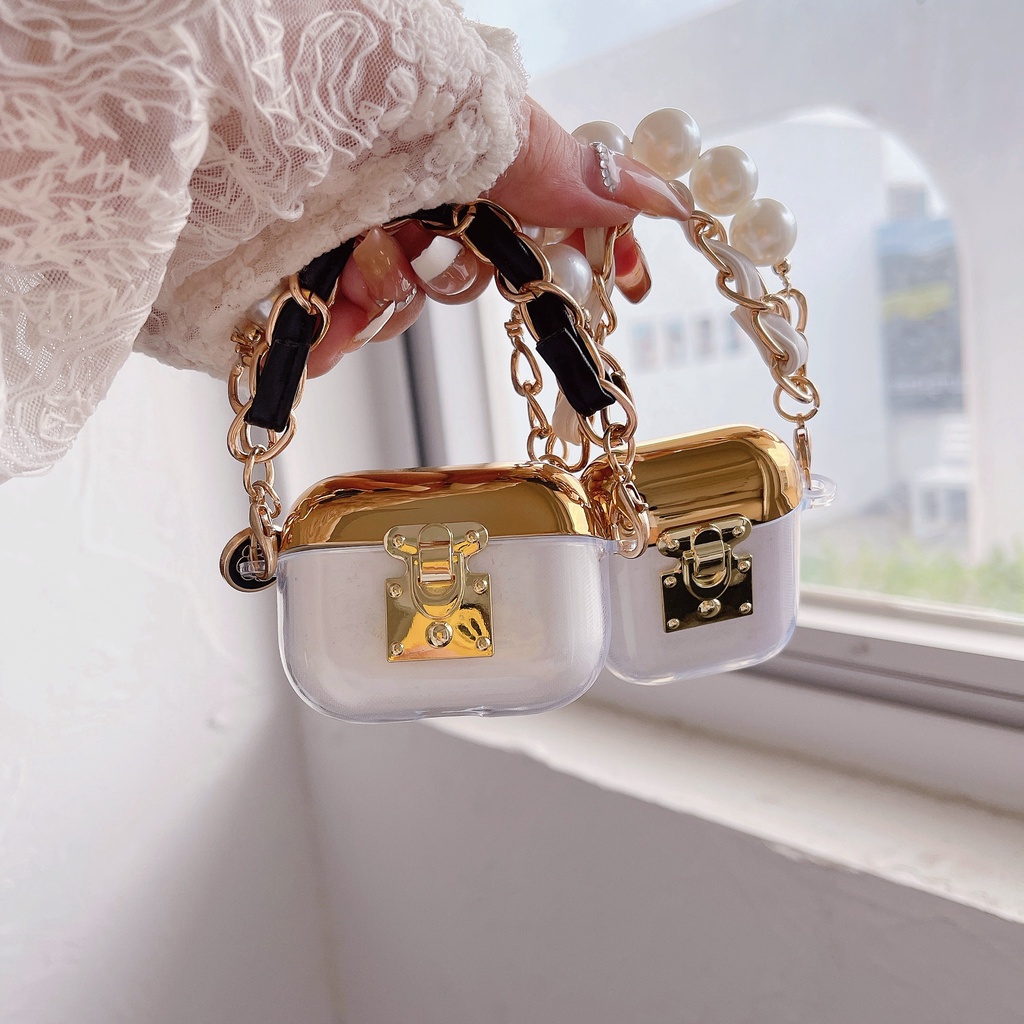 Vỏ Bảo Vệ Hộp Đựng Tai Nghe AirPods 1 / 2 3 Pro2 gen2022 Kết Nối Bluetooth Không Dây Bằng TPU Mềm Trong Suốt Mạ Vàng Đính Ngọc Trai