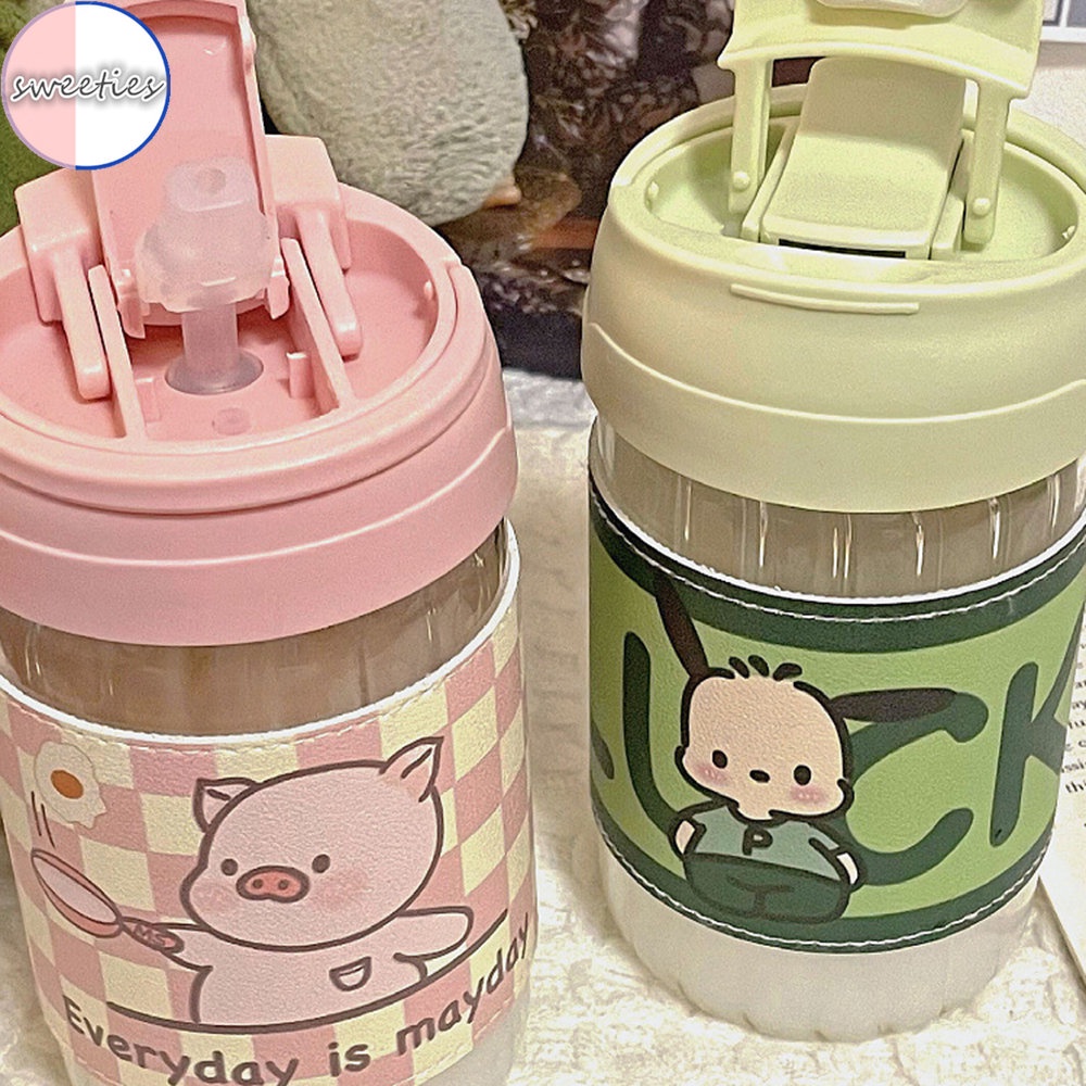 Bình Nước Thủy Tinh 500ml Có Ống Hút Họa Tiết Hoạt Hình Cho Bé Ốp