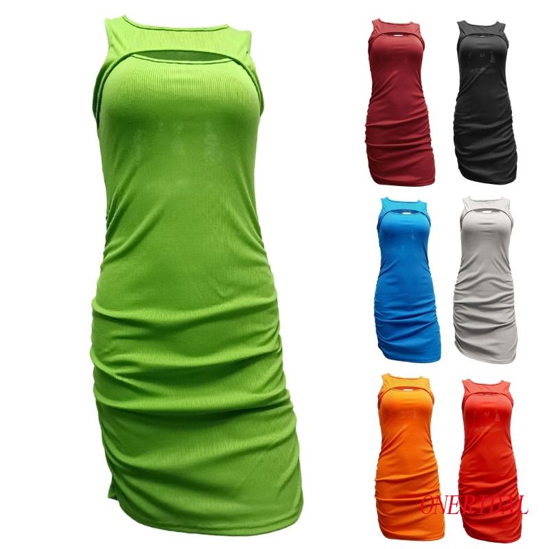 Đầm Cổ Tròn Xếp Ly Ôm Dáng Màu Trơn Quyến Rũ Dành Cho Nữ