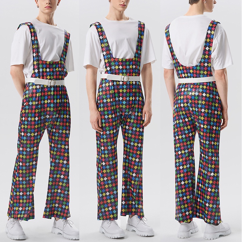 Quần yếm INCERUN không tay dáng chữ U họa tiết sọc caro thời trang cá tính cho nam