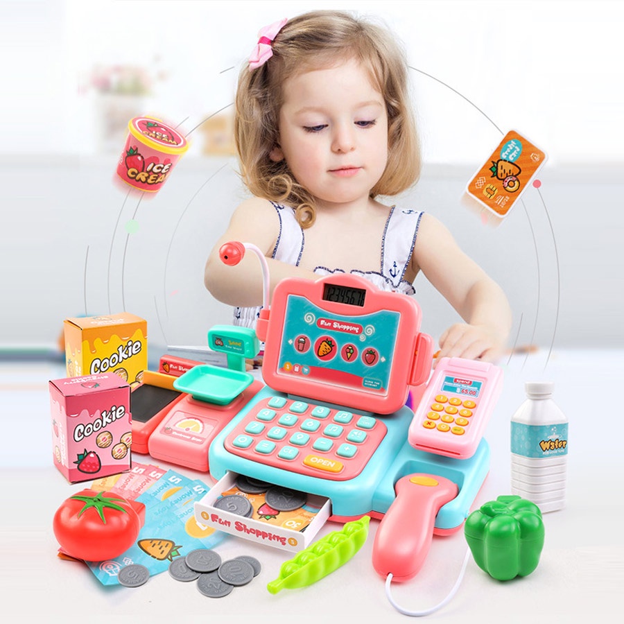 Giả vờ chơi siêu thị cửa hàng tạp hóa mua sắm máy tính tiền playset micrô máy tính đồ chơi giáo dục cho bé trai bé gái