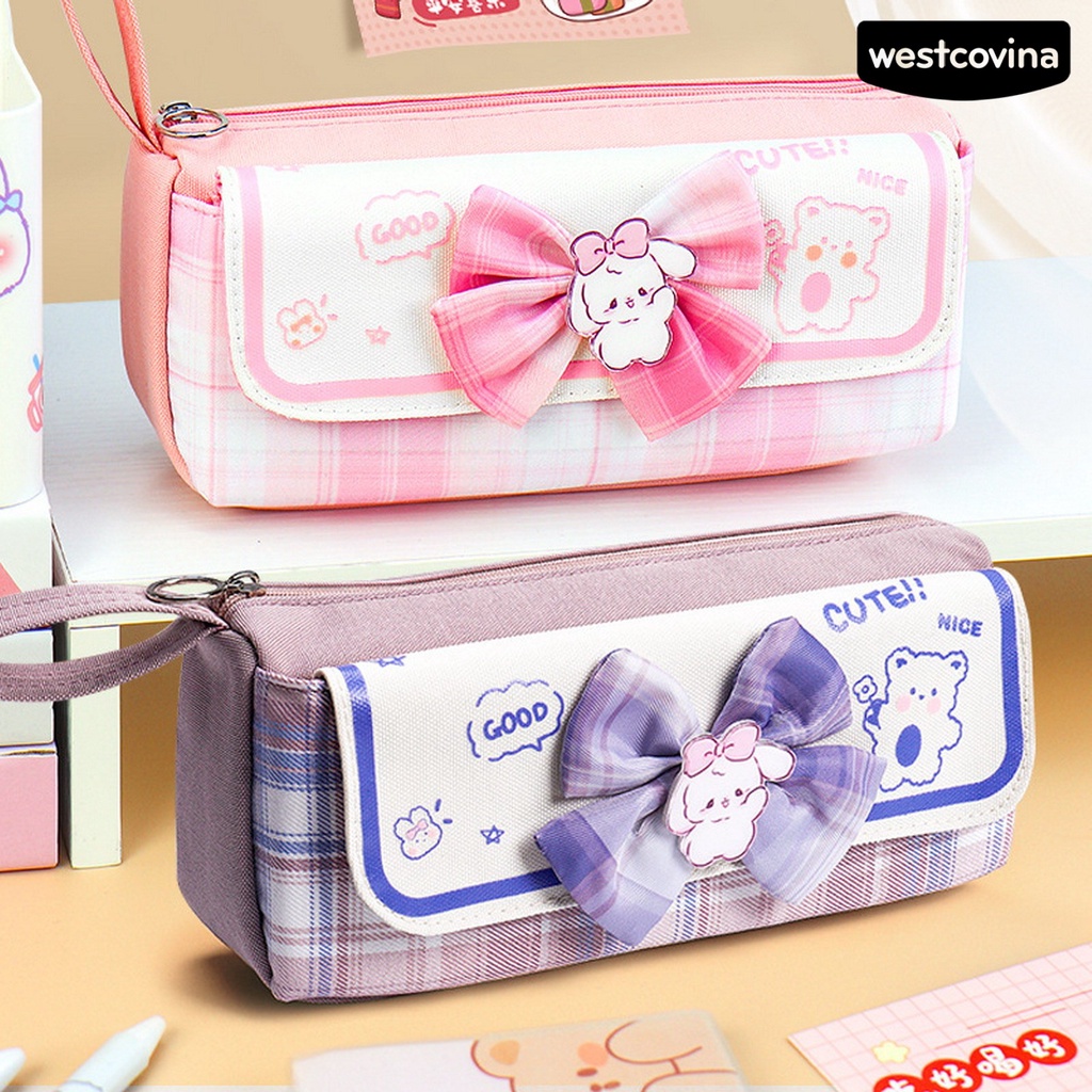 [COD]♪Túi Đựng Bút Bằng Vải Bạt Hai Lớp Sức Chứa Lớn Thắt Nơ