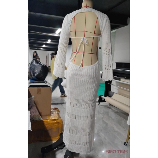 Đầm Ôm Dệt Kim Tay Dài Hở Lưng Màu Sắc Thời Trang Dành Cho Nữ