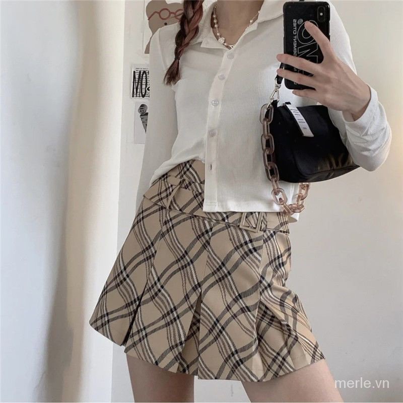 Chân Váy Ngắn Chữ A Lưng Cao Xếp Ly Sọc Ca Rô Màu Sắc Tương Phản Phối Khóa Kim Loại Phong Cách Âu Mỹ Dễ Phối Đồ