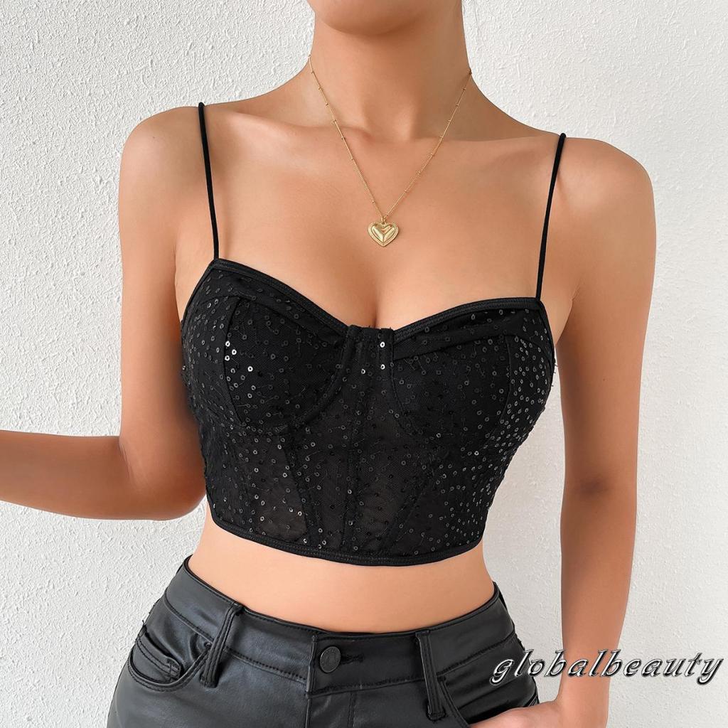 Áo Croptop Lưới Không Tay Hở Lưng Khoét Sâu Đính Kim Sa Lấp Lánh Thời Trang Mùa Hè Cho Nữ