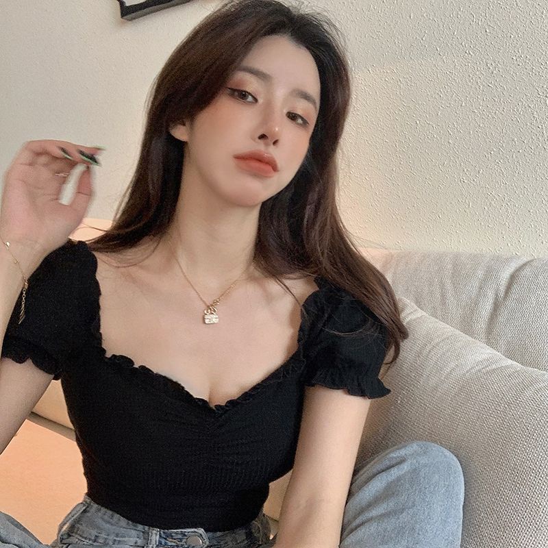 Áo Thun Tay Ngắn Phồng Cổ Chữ V Dáng Ôm Thời Trang Mùa Hè Dành Cho Nữ Plus Size