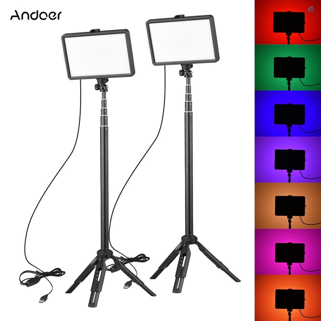 Bộ Đèn LED Video RGB Andoer Di Động 2 * 7 Màu 3200K-5600K 10 Cấp Độ Sáng + Gậy Ba Chân Max.148cm / 58in