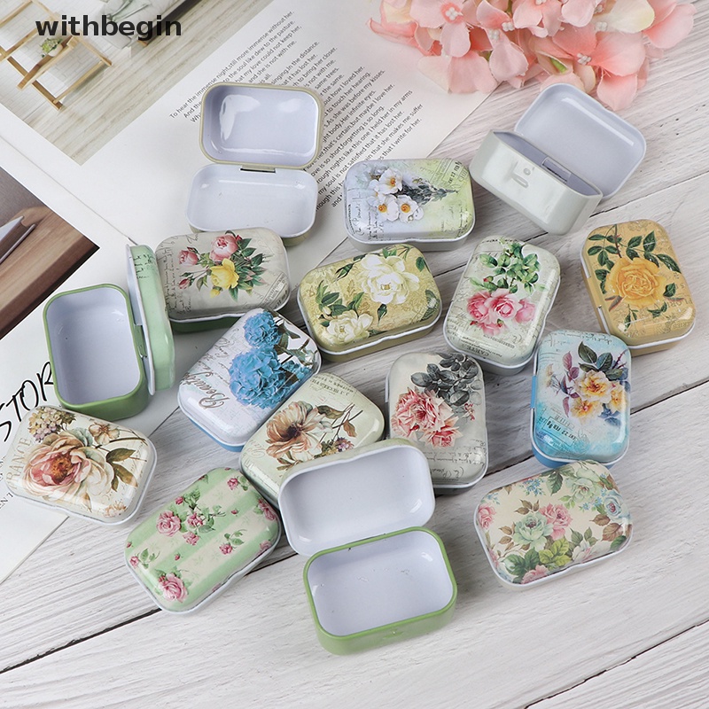 Hộp Thiếc Nhỏ Hình Chữ Nhật Đựng Trang Sức / Đồng Xu Họa Tiết Hoa