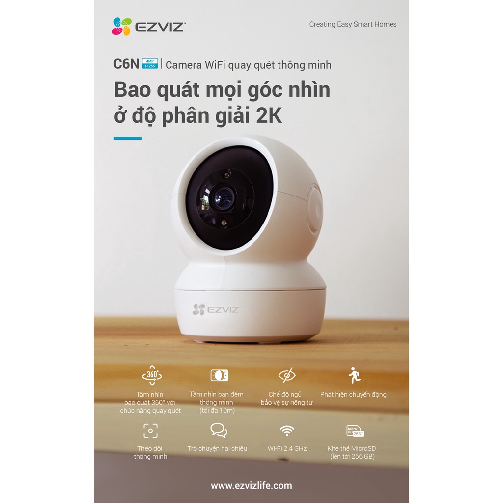 Camera IP WIFI trong nhà xoay 360 Ezviz C6N 1080p 2M, C6N 4MP 2K chính hãng, bảo hành 24 tháng