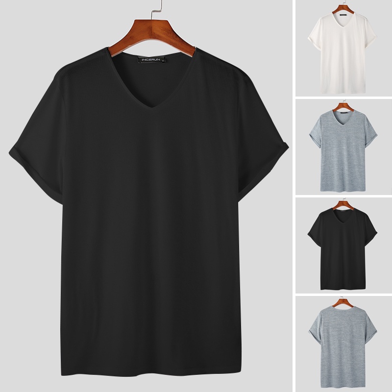 INCERUN Áo Thun Tay Ngắn Cổ Chữ V Màu Trơn Thời Trang Trẻ Trung Cho Nam