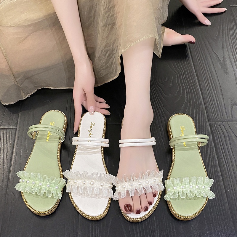 Dép Sandal Đế Bằng Đính Ngọc Trai Thời Trang Mùa Hè Hàn Quốc 2023 Cho Nữ HZFWS0599