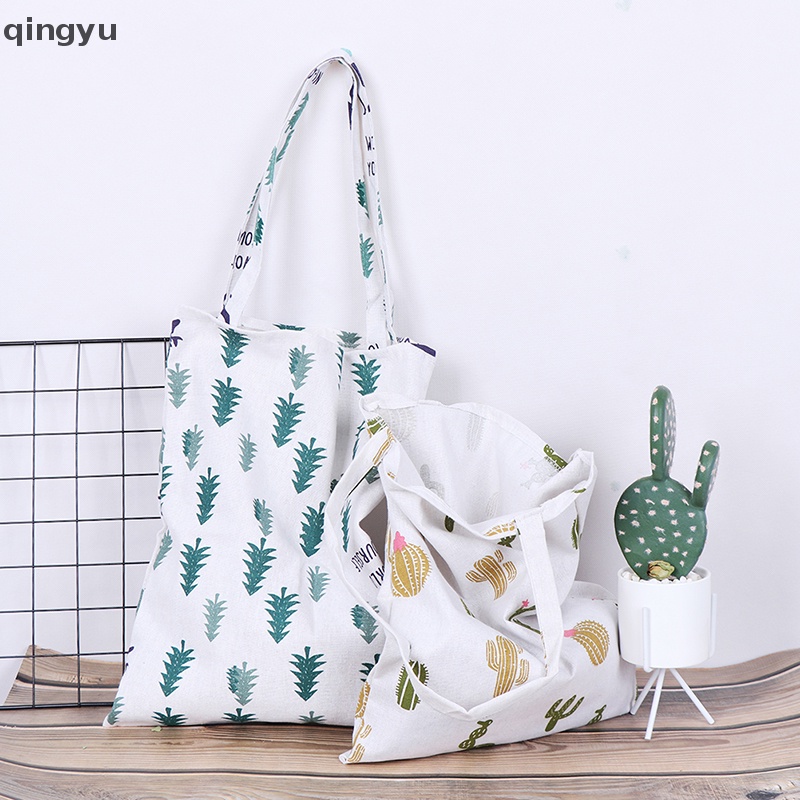 Qingyu 1x Túi Xách tote Vải Lanh In Hình Xương Rồng Thân Thiện Với Môi Trường