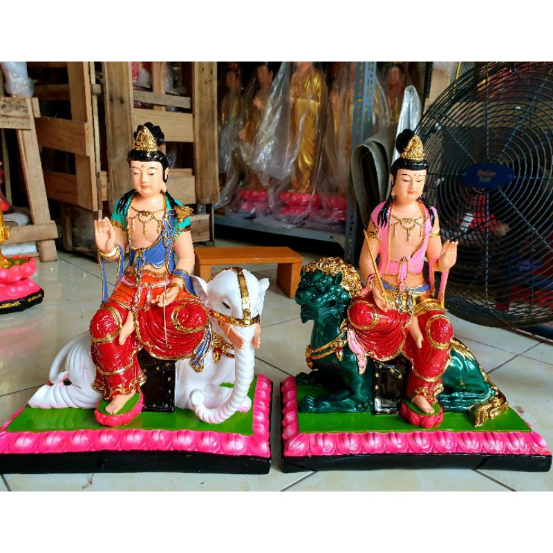 Bộ 2 pho tượng Văn Thù, Phổ Hiền vẽ màu 40cm VHMART189