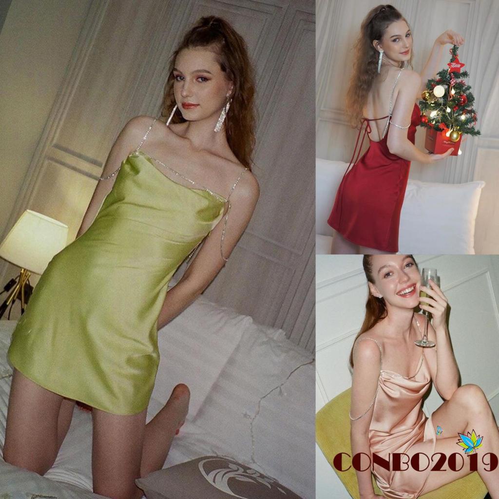 Đầm Midi Ngắn Không Tay Màu Trơn Đính Đá Lấp Lánh Dành Cho Nữ