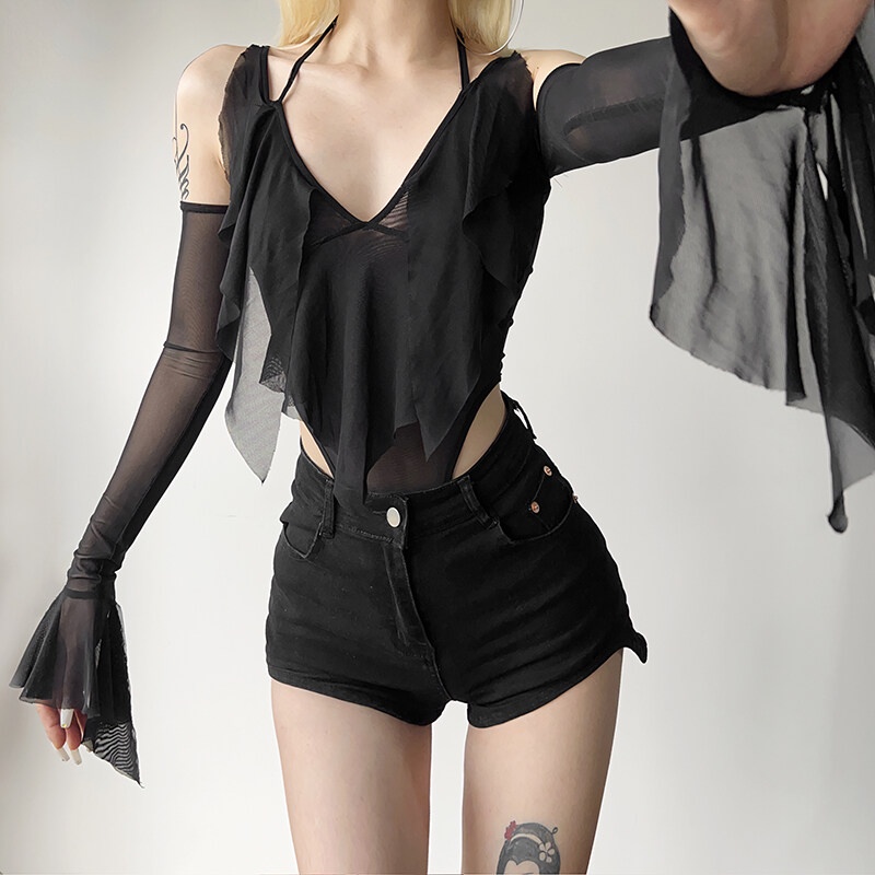 Kliou Áo Liền Quần Tay Dài Cổ Chữ V Phối Lưới Thời Trang Mùa Hè 2023 Mới Cho Nữ