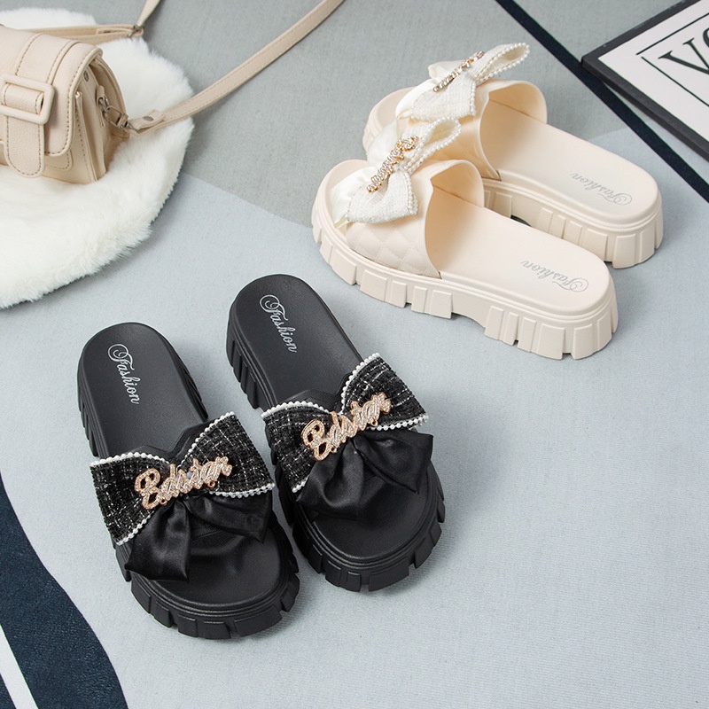 BẠCH LỘC ĐẠI NHÂN✨Dép mang ngoài trời  đế phẳng dày đính nơ cho nữ