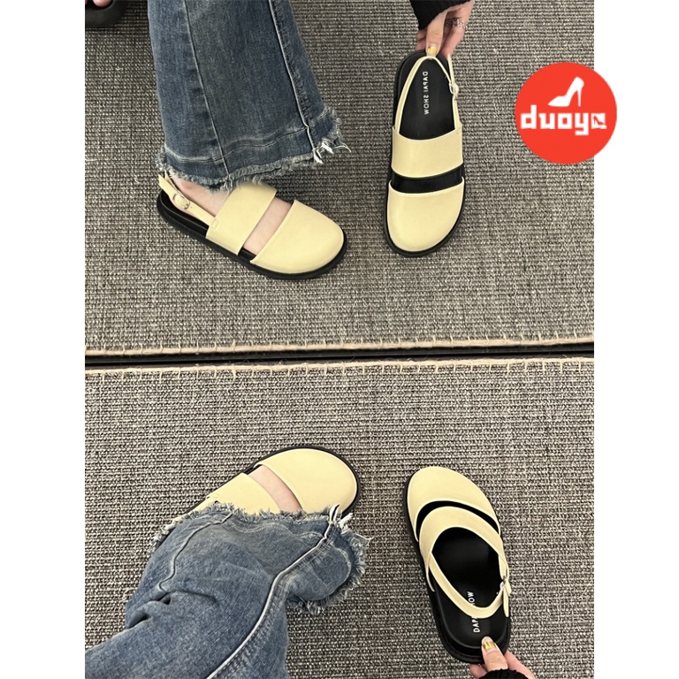 Duoya Tóc Thẳng ~ [Hàng Có Sẵn] Dép Muller Đế Phẳng Dày Hở Ngón Quai Dây Cài Khóa Sau Dành Cho Bạn Nữ Miễn Phí Vận Chuyển