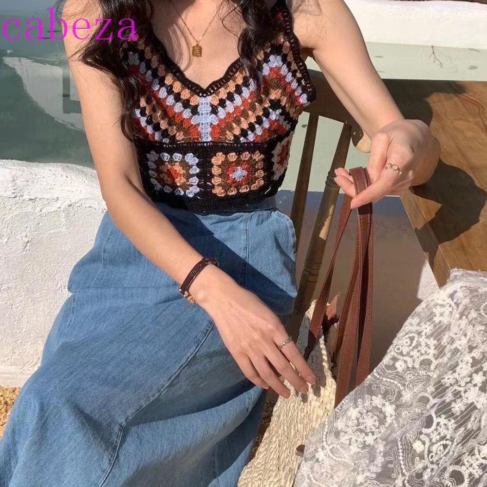 Áo Hai Dây Dệt Kim Thêu Họa Tiết Hình Học Phong Cách Retro Thời Trang Đi Biển Cho Nữ