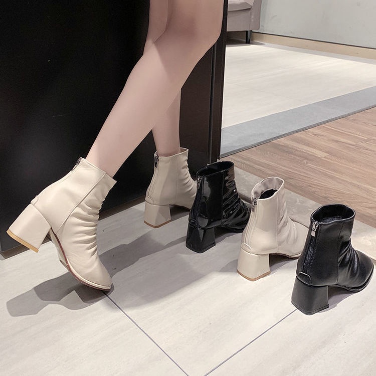 Giày Bốt Cao Gót Da Bóng Mũi Vuông Xếp Ly Thời Trang Cho Nữ