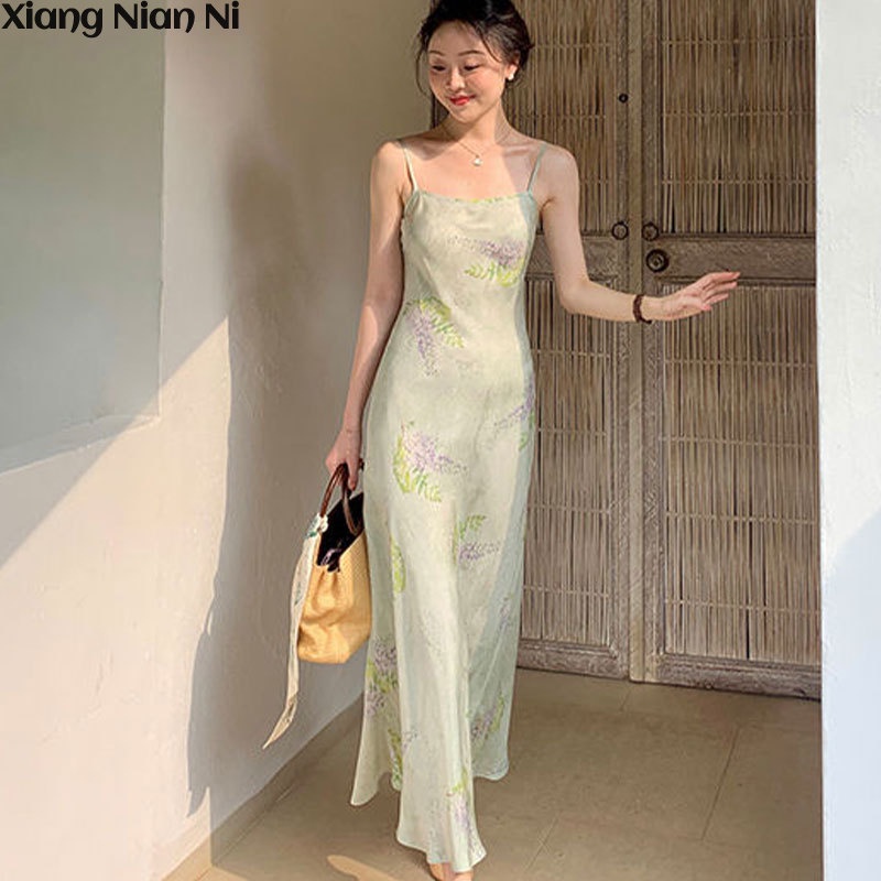 Xiang Nian Ni Đầm Hai Dây Dáng Ôm In Họa Tiết Hoa Thời Trang Mùa Hè Pháp Cổ Điển Thanh Lịch Dành Cho Bạn Nữ