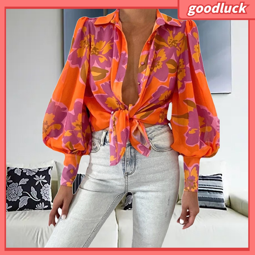 [ULK] Áo Sơ Mi Tay Phồng In Hoa Cổ Bẻ Cài Một Hàng Nút Rộng Phong Cách Vintage Cho Nữ