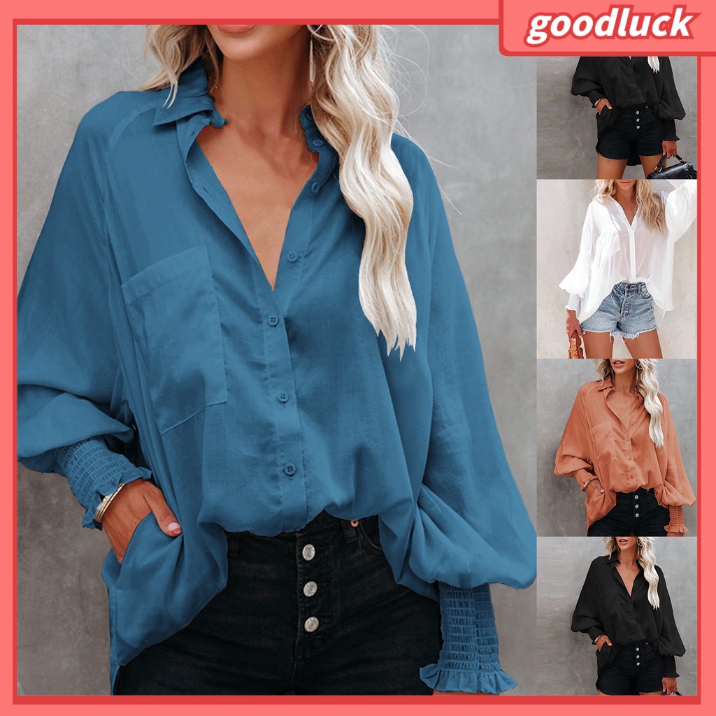 [ULK] Áo Sơ Mi Tay Phồng Màu Trơn Thanh Lịch Ôm Dáng Vừa Vặn Đường Phố Cho Nữ