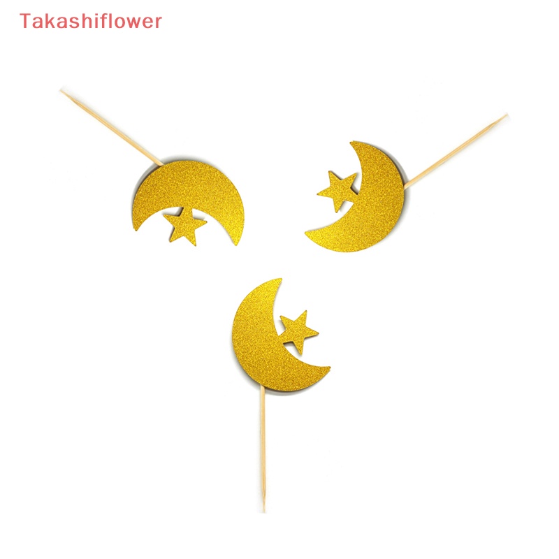 Set 12 Que Cắm Trang Trí Bánh Sinh Nhật Hình Ngôi Sao / Mặt Trăng Màu Vàng / Bạc