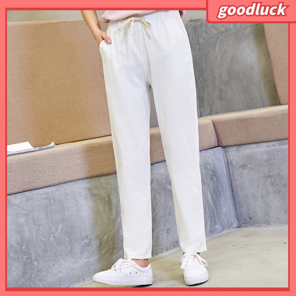 Quần Harem Vải Lanh Màu Trơn Dáng Rộng Có Túi Dây Rút Dành Cho Nữ