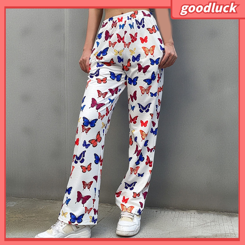 [ULK] Quần Dài Dáng Rộng Có Túi Tăng Chiều Cao In Hình Bướm Dành Cho Nữ Tập Yoga Chạy Bộ