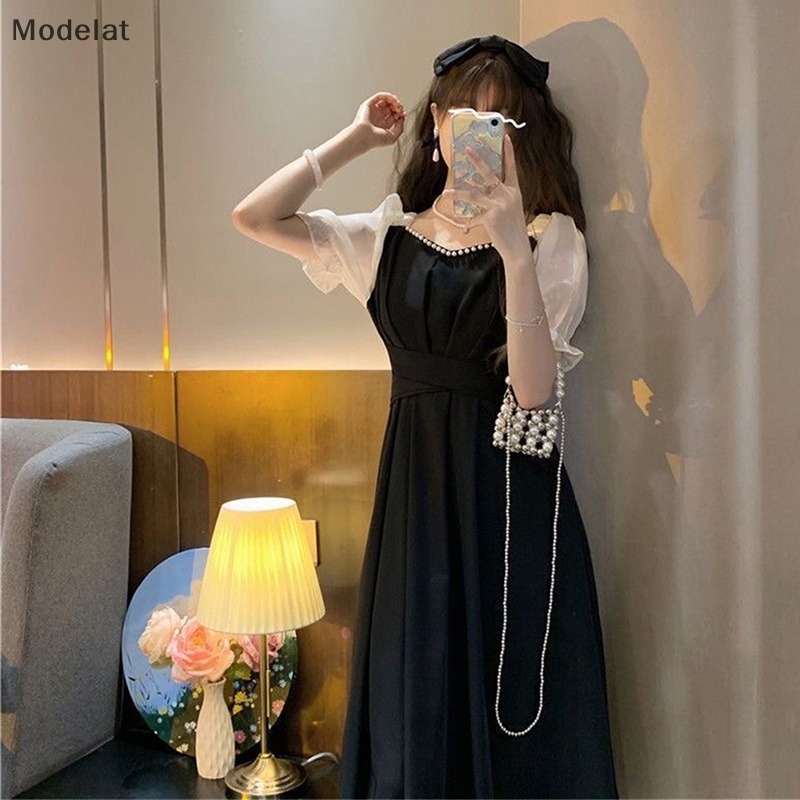 Đầm Midi Cổ Vuông Tay Ngắn Cột Dây Đính Hạt Ngọc Trai Thời Trang Mùa Hè Xinh Xắn Cho Nữ