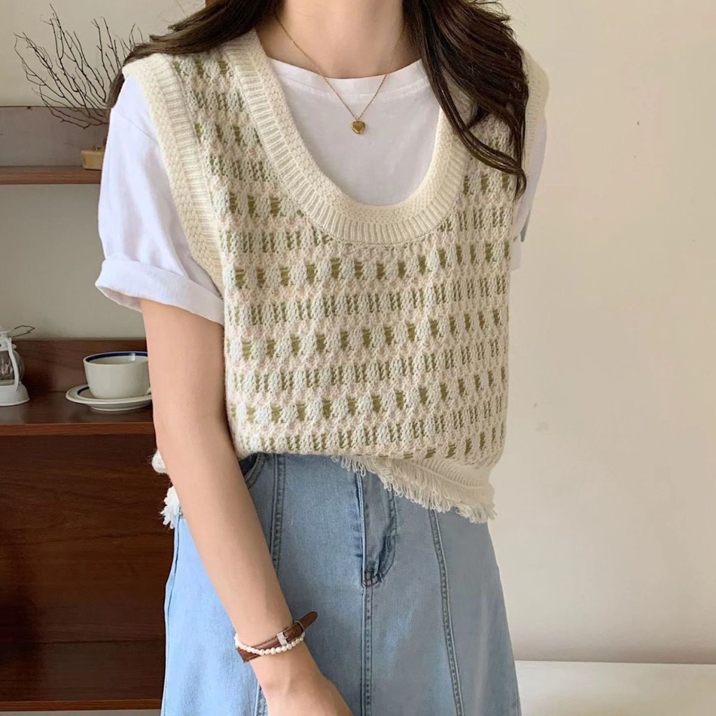 Áo Len Không Tay Họa Tiết Kẻ Sọc Thiết Kế Mới Thời Trang Mùa Thu Dành Cho Nữ