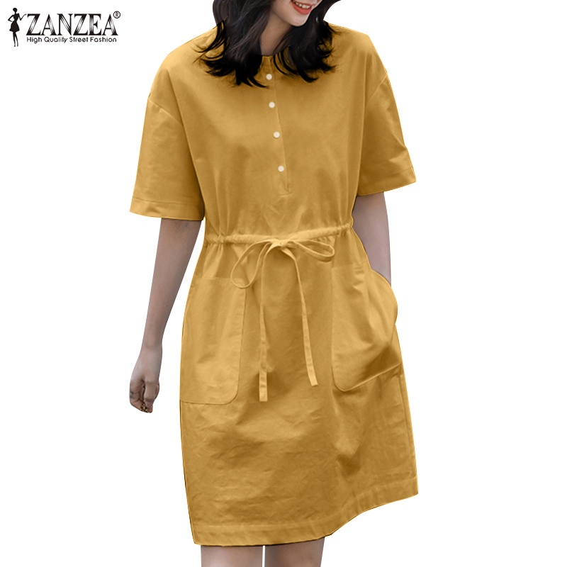 Đầm ZANZEA ngắn tay cổ tròn dây rút eo thời trang Hàn Quốc cho nữ