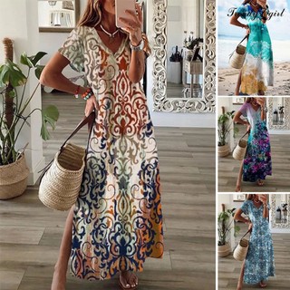 Đầm Maxi Tay Ngắn Cổ Chữ V Xẻ Tà In Họa Tiết Hoa Phong Cách Cổ Điển Thời Trang Đi Biển Cho Nữ