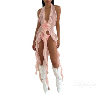 Hitpop-trang phục nữ, Váy Midi không tay màu trơn Ruffle Party Street Summer Dress, Hồng, S-M-L