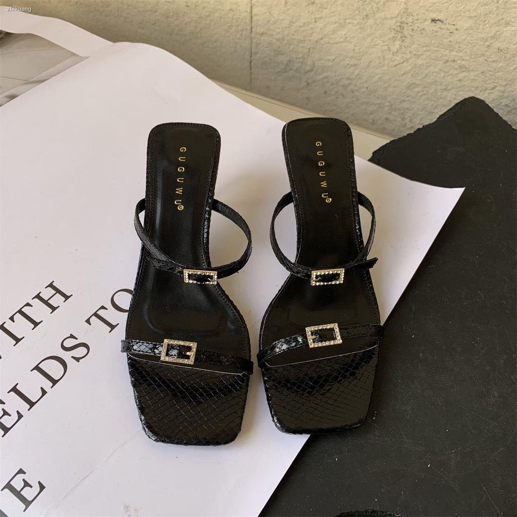 Xăng đan Cao Gót Mũi Vuông Hở Ngón Màu Đen Thời Trang Mùa Hè 2023 Cho Nữ