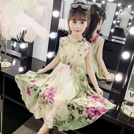 Đầm Hoa Dài 110-160cm Chất Liệu Chiffon Cho Bé Gái 2-13 Tuổi
