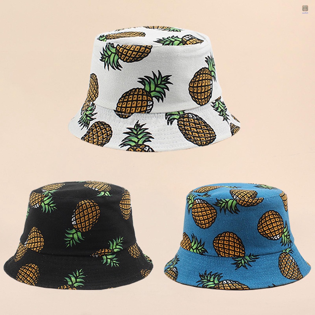 Nón Bucket Vành Rộng Hai Mặt In Họa Tiết Quả Dứa Thời Trang Đi Biển / Du Lịch