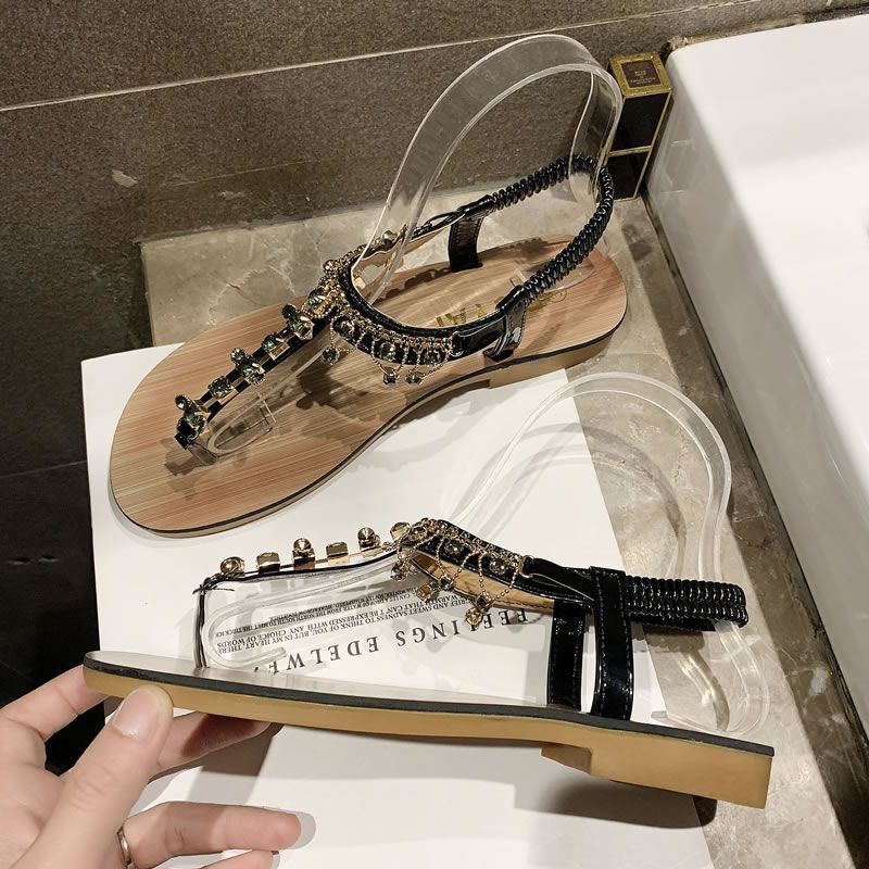 Giày Sandal Đế Bệt Quai Chéo Đính Đá Phong Cách Bohemian Thời Trang Mùa Hè 2023 Dành Cho Bạn Nữ