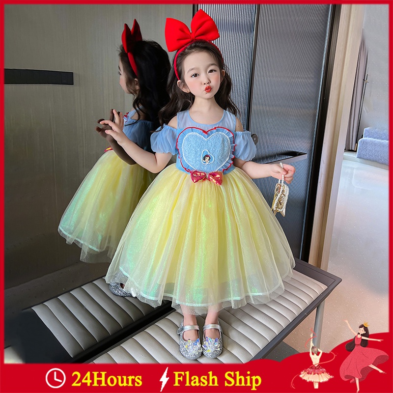 Đầm Công Chúa Bạch Tuyết Phối Lưới Đính Nơ Dễ Thương Cho Bé Gái 2-8 Tuổi