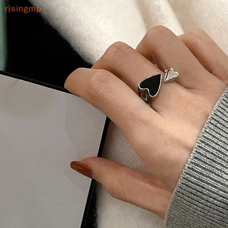 Nhẫn Kim Loại Dạng Mở Hình Trái Tim Hai Màu Đen Phong Cách Punk Tối Giản Cho Nữ