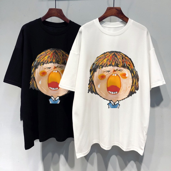 Áo Thun 100% Cotton Tay Ngắn Cổ Tròn In Họa Tiết Phong Cách Hàn Quốc Cho Nữ