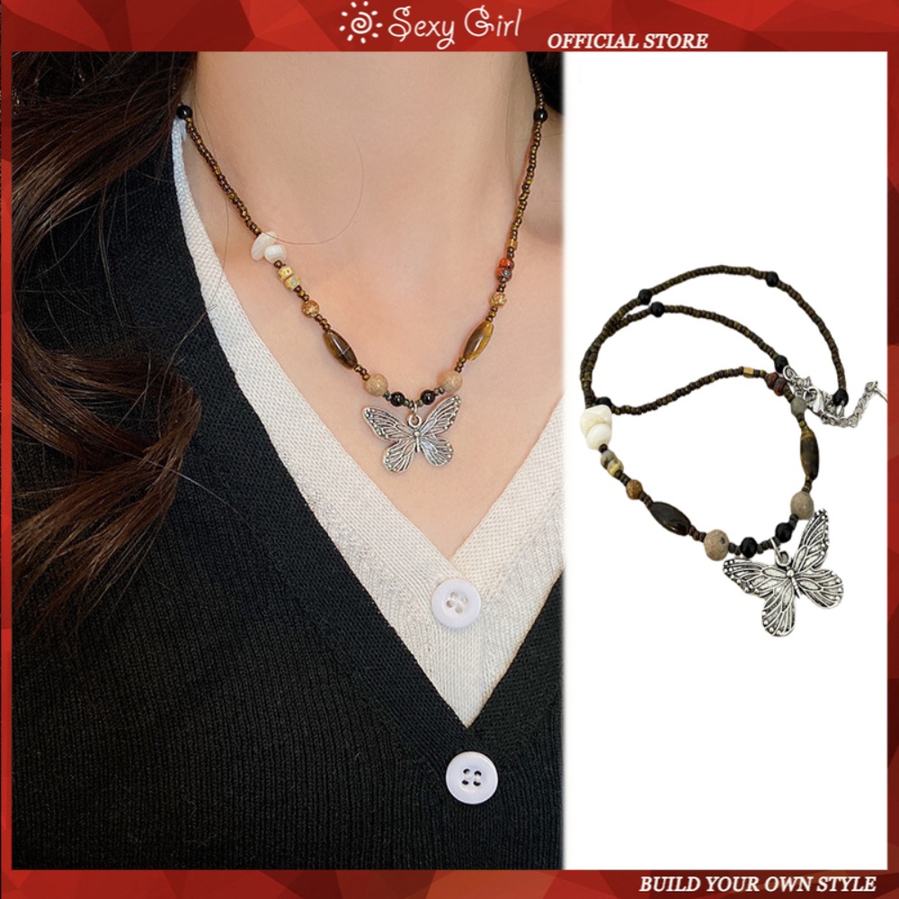 Vòng cổ Chuỗi Hạt Đá Tự Nhiên Mặt Hình Bướm Cao Cấp An Toàn Kiểu Trung Hoa Cổ Điển Quyến Rũ Mới Cho Nữ