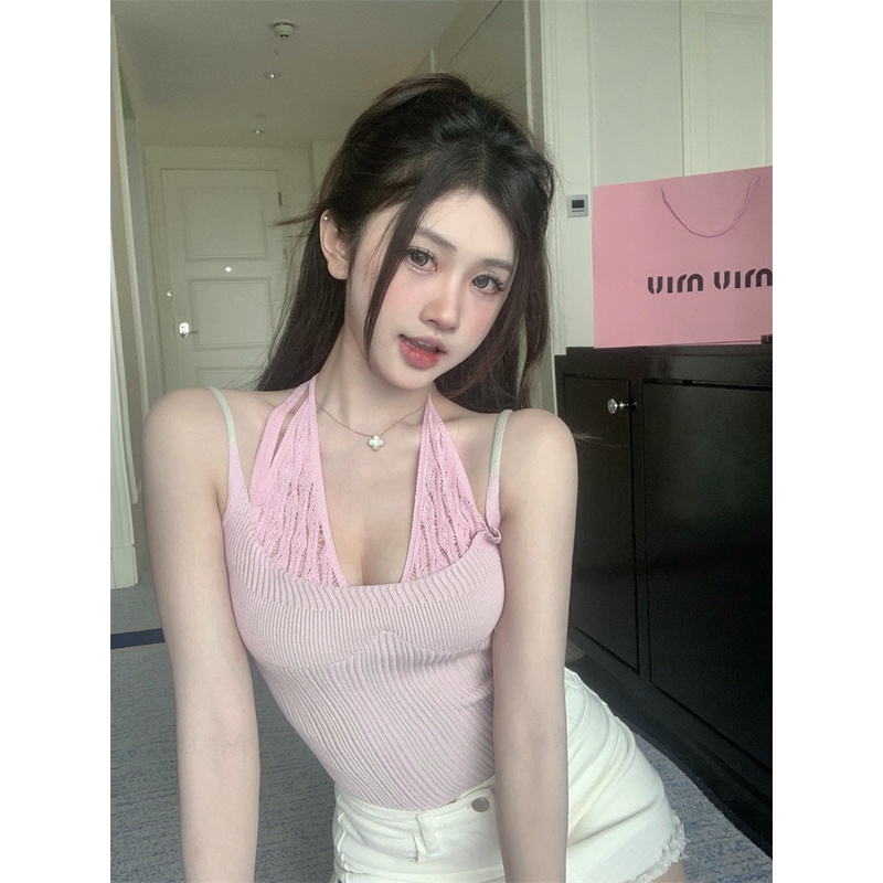 SUXI Áo Croptop Dệt Kim Phối Dây Màu Sắc Trẻ Trung