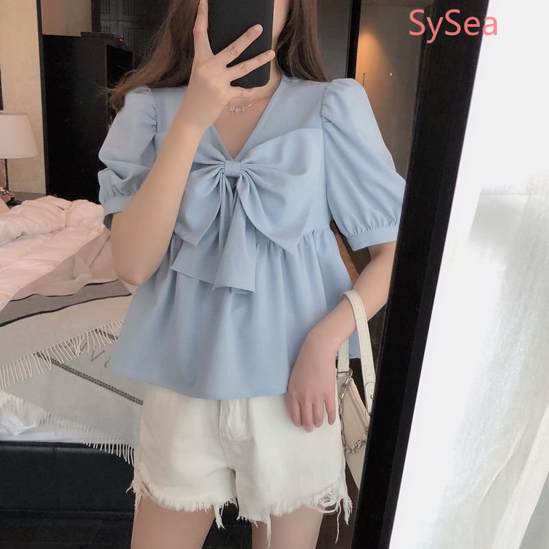 Plus Áo Sơ Mi Voan Dáng Rộng Cổ Chữ V Thắt Nơ Xinh Xắn Thời Trang Hè Cho Nữ