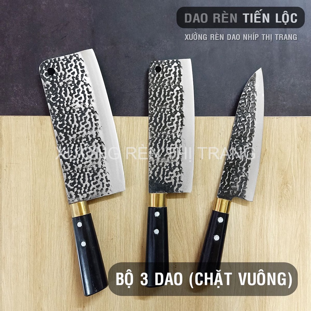 Bộ Dao Nhà Bếp Đa Năng - Rèn Từ Thép Nhíp Dập Vân 2 Mặt, Dùng Chặt Cây, Chặt Xương, Thái Lọc Thịt